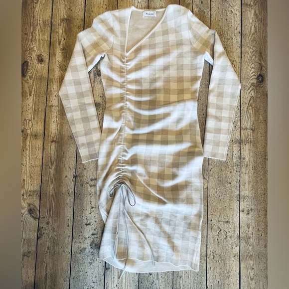 Naadam Knit Sweater Dress Small Beige Gingham Long Sleeve Bodycon Cashmere - Picture 2 of 8